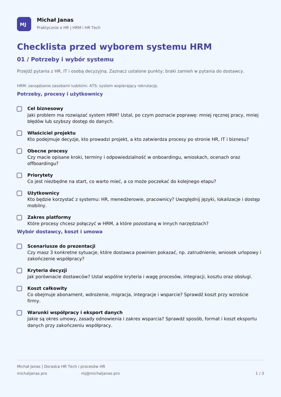 Pierwsza strona checklisty: potrzeby i wybór systemu HRM